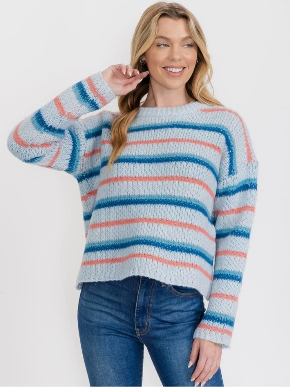 Women's Light Blue Striped Cozy Knit Sweater